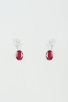 White Finish Red Synthetic Stone Dangler Earrings In Sterling Silver