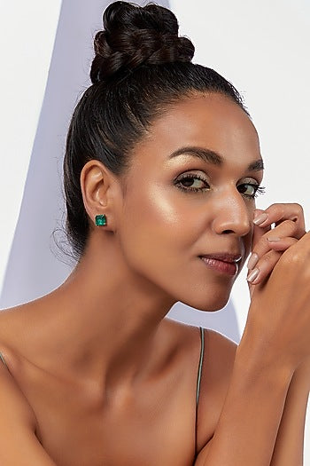 White Finish Green Swarovski Zirconia Stud Earrings In 92.5 Sterling Silver