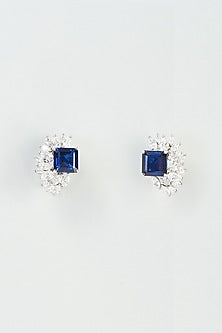 White Finish Blue Swarovski Zirconia Stud Earrings In 92.5 Sterling Silver