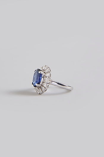 White Finish Blue Stone Ring In Sterling Silver