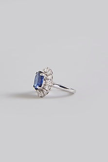White Finish Blue Stone Ring In Sterling Silver