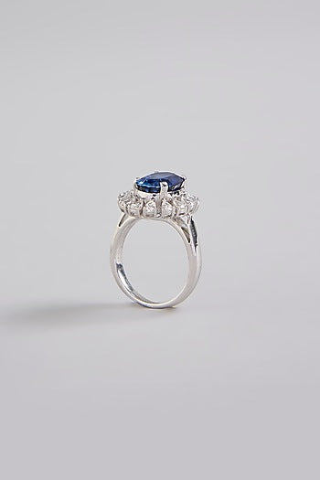 White Finish Blue Stone Ring In Sterling Silver