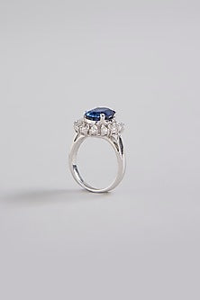 White Finish Blue Stone Ring In Sterling Silver