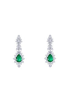 White Finish Emerald Stone & Swarovski Zirconia Chandelier Earrings In Sterling Silver