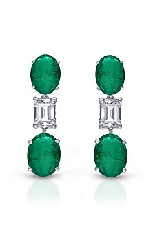 White Finish Mix-Shaped Emerald Stone & Swarovski Zirconia Dangler Earrings In Sterling Silver