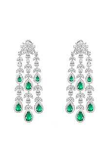 White Finish Emerald Green Stone & Swarovski Zirconia Chandelier Earrings In Sterling Silver