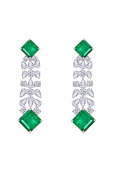 White Finish Princess-Shaped Emerald Stone & Swarovski Zirconia Dangler Earrings In Sterling Silver