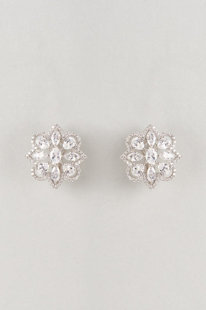White Finish Zircon Floral Stud Earrings In Sterling Silver