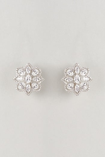 White Finish Zircon Floral Stud Earrings In Sterling Silver