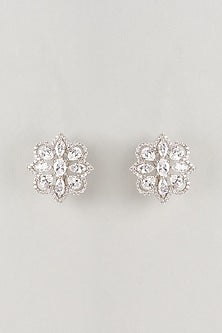 White Finish Zircon Floral Stud Earrings In Sterling Silver