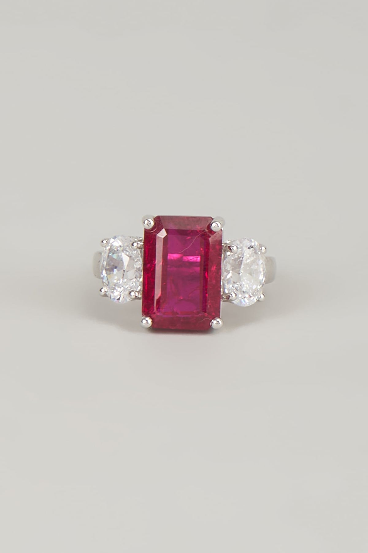 White Finish Red Stone Ring In Sterling Silver