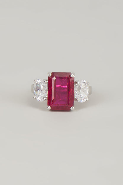 White Finish Red Stone Ring In Sterling Silver