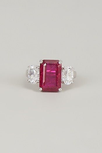 White Finish Red Stone Ring In Sterling Silver