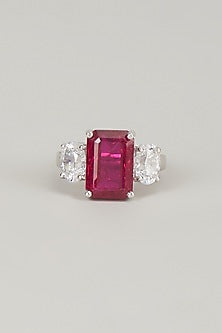 White Finish Red Stone Ring In Sterling Silver