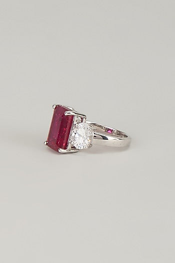 White Finish Red Stone Ring In Sterling Silver