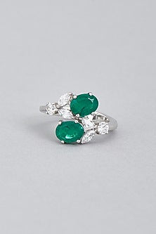 White Finish Green Synthetic Stones & Swarovski Ring In Sterling Silver