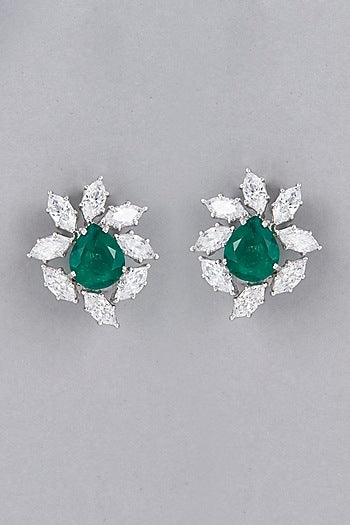White Finish Green Synthetic Stones & Swarovski Stud Earrings In Sterling Silver