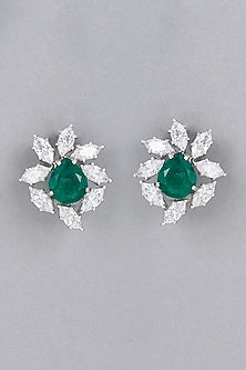 White Finish Green Synthetic Stones & Swarovski Stud Earrings In Sterling Silver