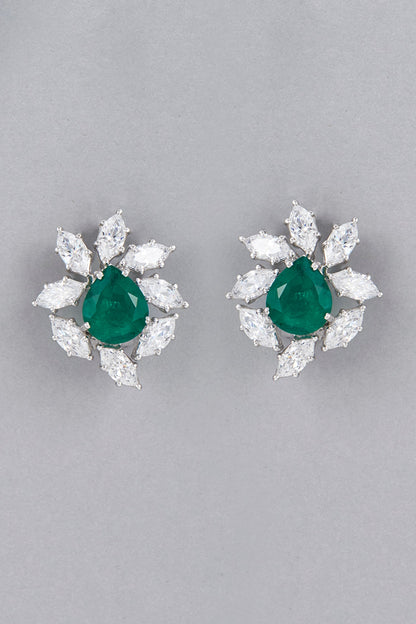 White Finish Green Synthetic Stones & Swarovski Stud Earrings In Sterling Silver