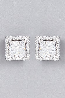 White Finish Stud Earrings With Swarovski Zirconia In Sterling Silver