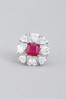 White Finish Red Synthetic Stone Ring In Sterling Silver