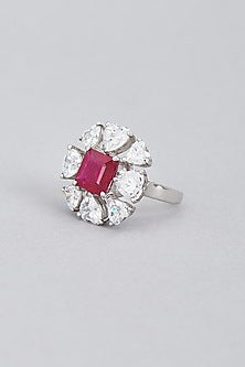 White Finish Red Synthetic Stone Ring In Sterling Silver