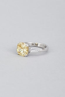 White Finish Yellow Swarovski Ring In Sterling Silver