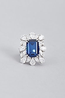 White Finish Blue Swarovski Ring In Sterling Silver
