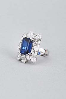 White Finish Blue Swarovski Ring In Sterling Silver