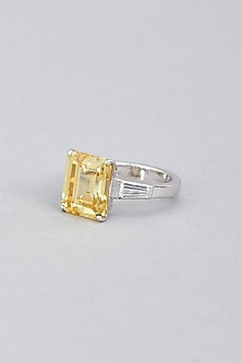 White Finish Ring With Yellow Swarovski Zirconia In Sterling Silver