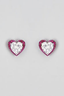 White Finish Swarovski Zirconia Heart Stud Earrings In Sterling Silver