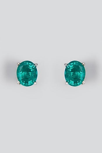 White Finish Synthetic Stone Stud Earrings In Sterling Silver