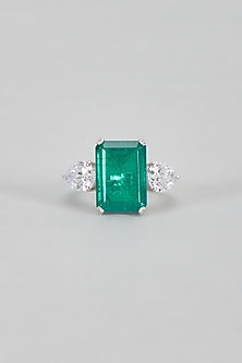 White Finish Green Synthetic Stone Ring In Sterling Silver