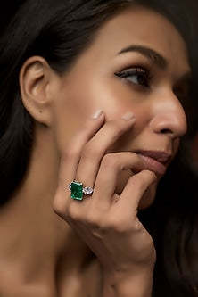 White Finish Green Synthetic Stone Ring In Sterling Silver