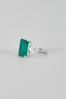 White Finish Green Synthetic Stone Ring In Sterling Silver
