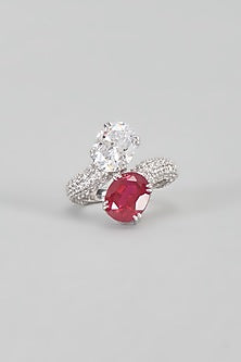 White Finish Swarovski & Red Stone Ring In Sterling Silver