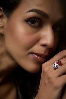 White Finish Swarovski & Red Stone Ring In Sterling Silver