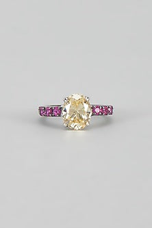 White Finish Swarovski & Red Stone Ring In Sterling Silver