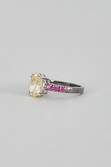 White Finish Swarovski & Red Stone Ring In Sterling Silver