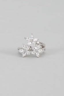 White Finish Swarovski Floral Ring In Sterling Silver