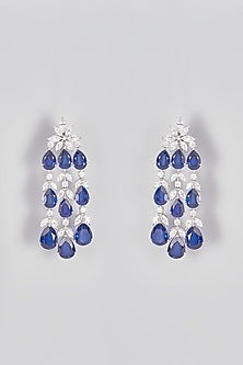 White Finish Blue Stones Dangler Earrings In Sterling Silver