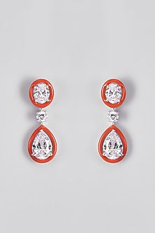 White Finish Swarovski & Enameled Earrings In Sterling Silver
