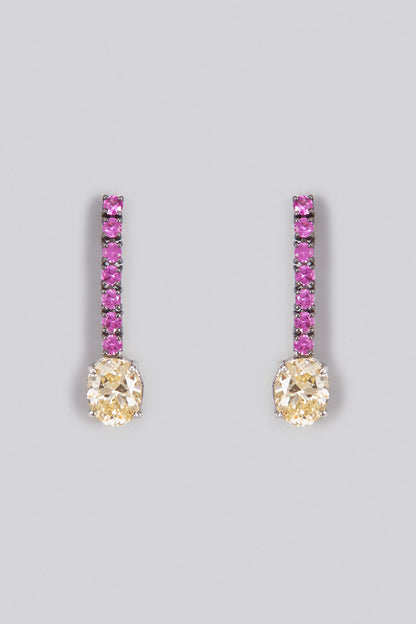 Black Rhodium Finish Yellow & Pink Swarovski Zirconia Dangler Earrings In Sterling Silver