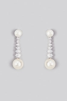 White Finish Swarovski Zirconia & Pearl Dangler Earrings In Sterling Silver