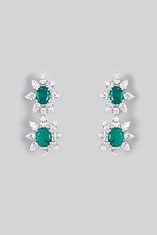 White Finish Green & White Swarovski Zirconia Dangler Earrings In Sterling Silver