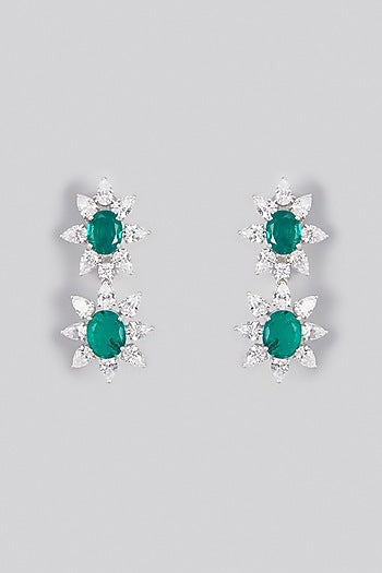 White Finish Green & White Swarovski Zirconia Dangler Earrings In Sterling Silver