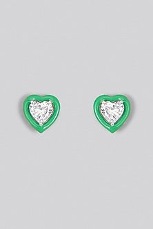 White Finish Swarovski Zirconia Enamelled Heart Stud Earrings In Sterling Silver