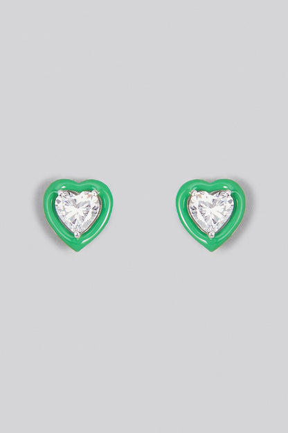 White Finish Swarovski Zirconia Enamelled Heart Stud Earrings In Sterling Silver