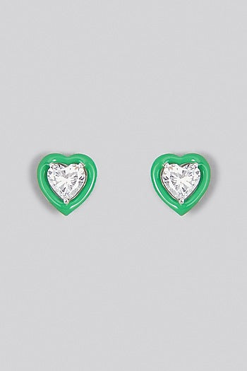 White Finish Swarovski Zirconia Enamelled Heart Stud Earrings In Sterling Silver
