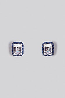 White Finish Blue & White Swarovski Zirconia Stud Earrings In Sterling Silver